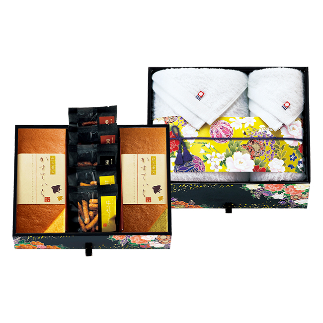 匠菴謹製　ミニたんす御進物　「ほまれ」かすてぃら＆今治産たおる　No.118｜特選ギフト｜