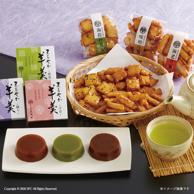 【送料無料】　緑茶・あられ・羊かん詰合せ　No.40